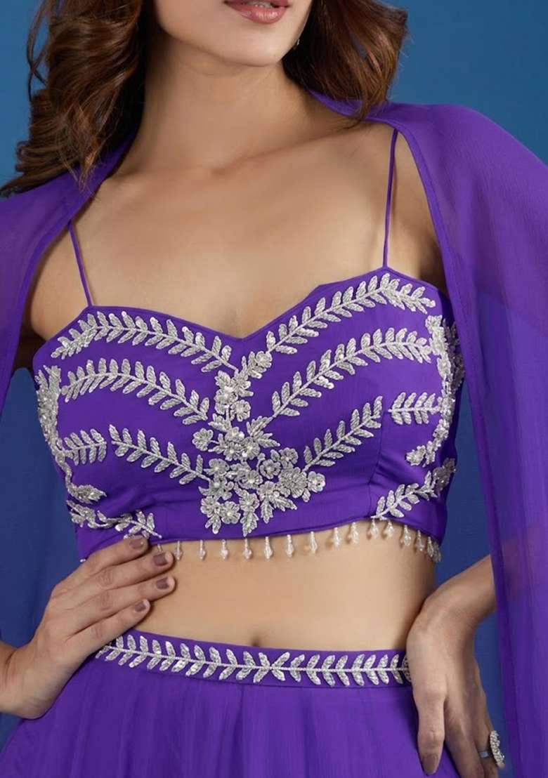 Purple Chinon Embroidered Handwork Lehenga Set - Indya