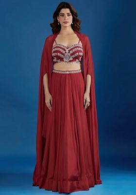 Wine Red Chinon Embroidered Handwork Lehenga Set