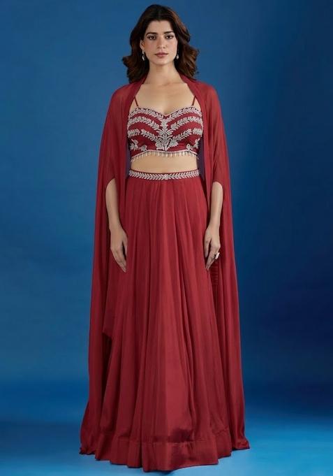 Wine Red Chinon Embroidered Handwork Lehenga Set
