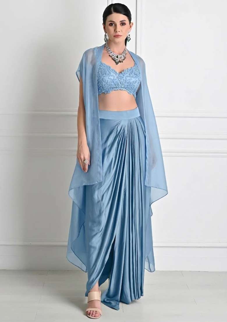 Steel Blue Satin Embroidered Handwork Fusion Set - Indya