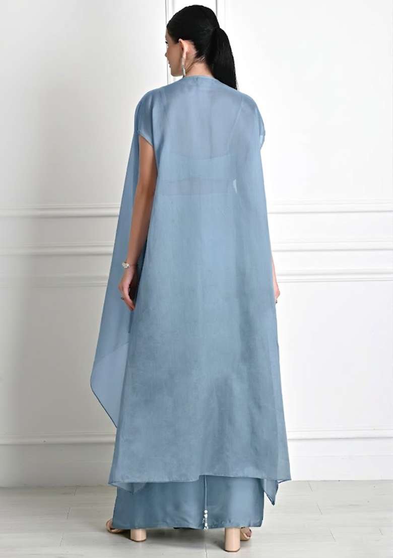 Steel Blue Satin Embroidered Handwork Fusion Set - Indya
