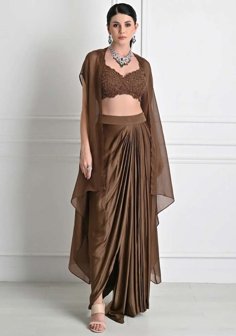 Brown Satin Embroidered Handwork Fusion Set - Indya