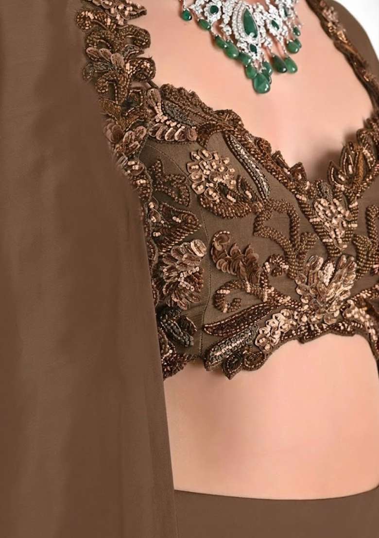 Brown Satin Embroidered Handwork Fusion Set - Indya