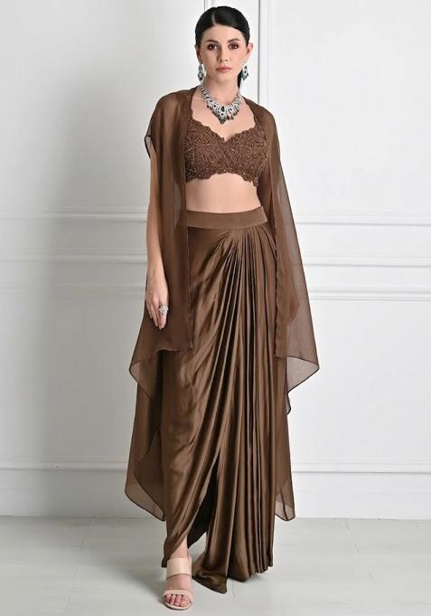 Brown Satin Embroidered Handwork Fusion Set