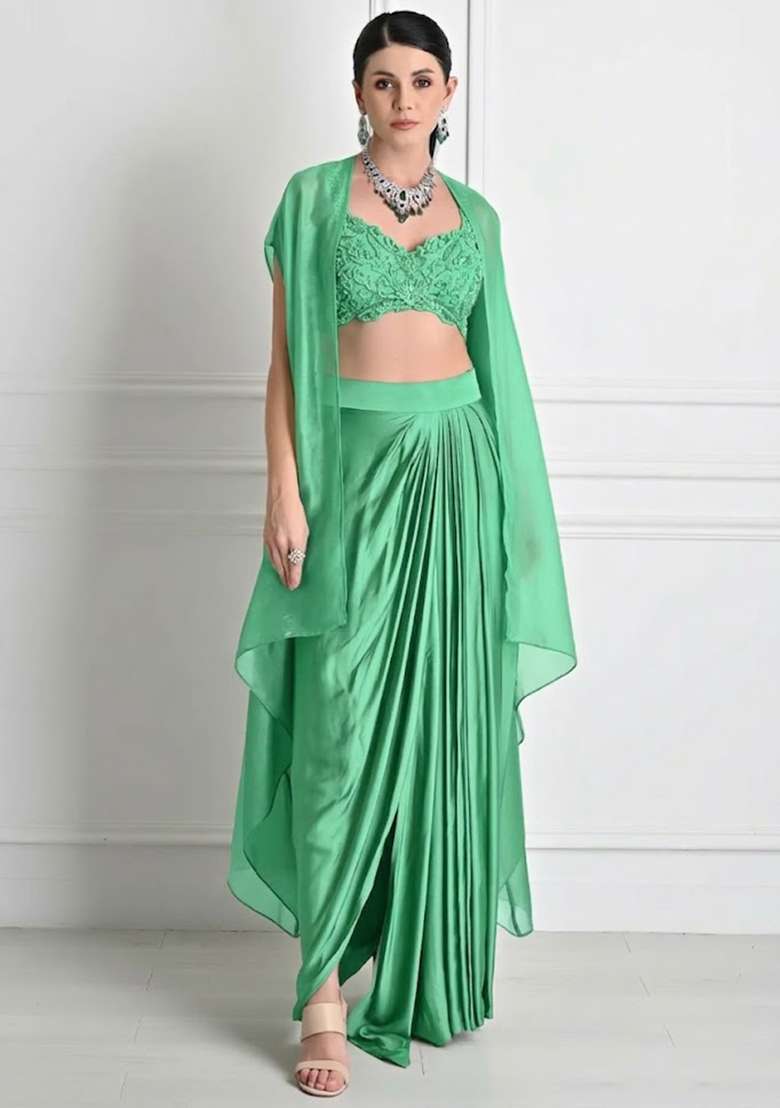 Bud Green Satin Embroidered Handwork Fusion Set - Indya
