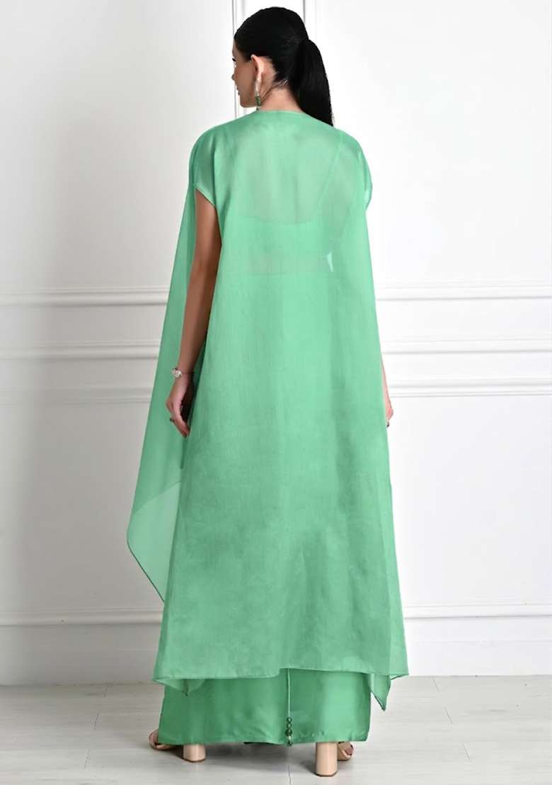 Bud Green Satin Embroidered Handwork Fusion Set - Indya