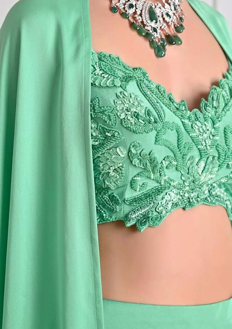 Bud Green Satin Embroidered Handwork Fusion Set - Indya