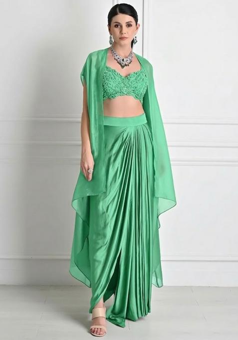 Bud Green Satin Embroidered Handwork Fusion Set