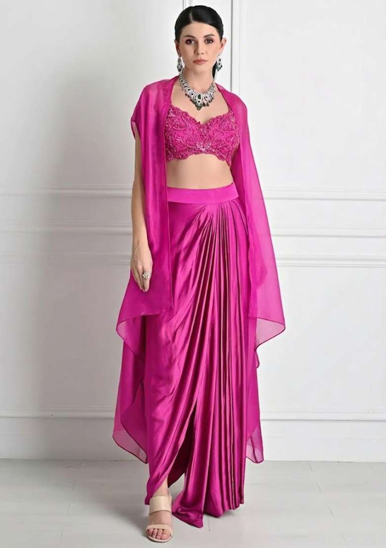 Pink Satin Embroidered Handwork Fusion Set - Indya