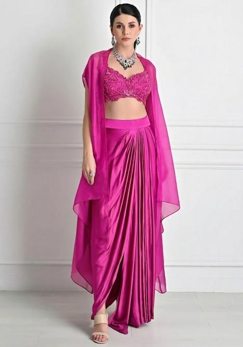 Pink Satin Embroidered Handwork Fusion Set