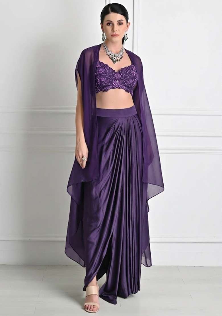 Purple Satin Embroidered Handwork Fusion Set - Indya