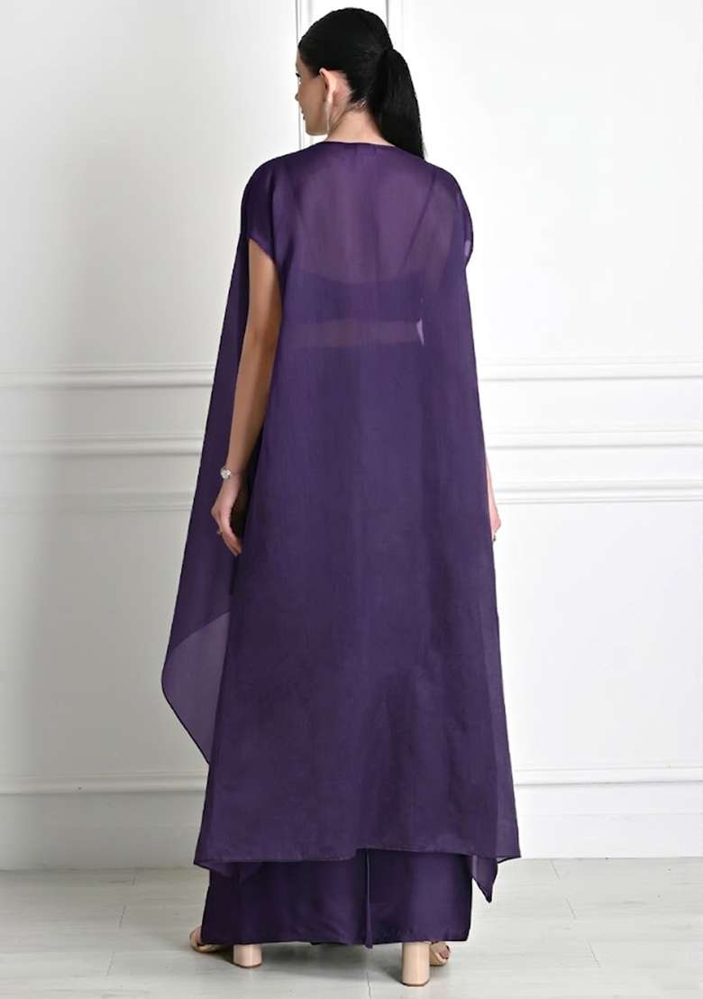 Purple Satin Embroidered Handwork Fusion Set - Indya