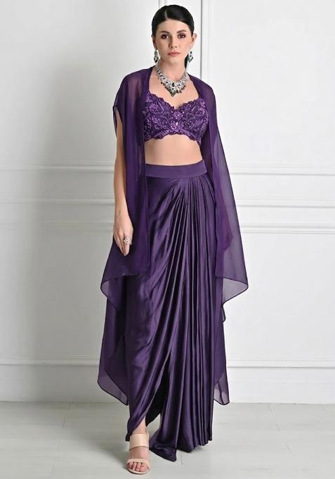 Purple Satin Embroidered Handwork Fusion Set