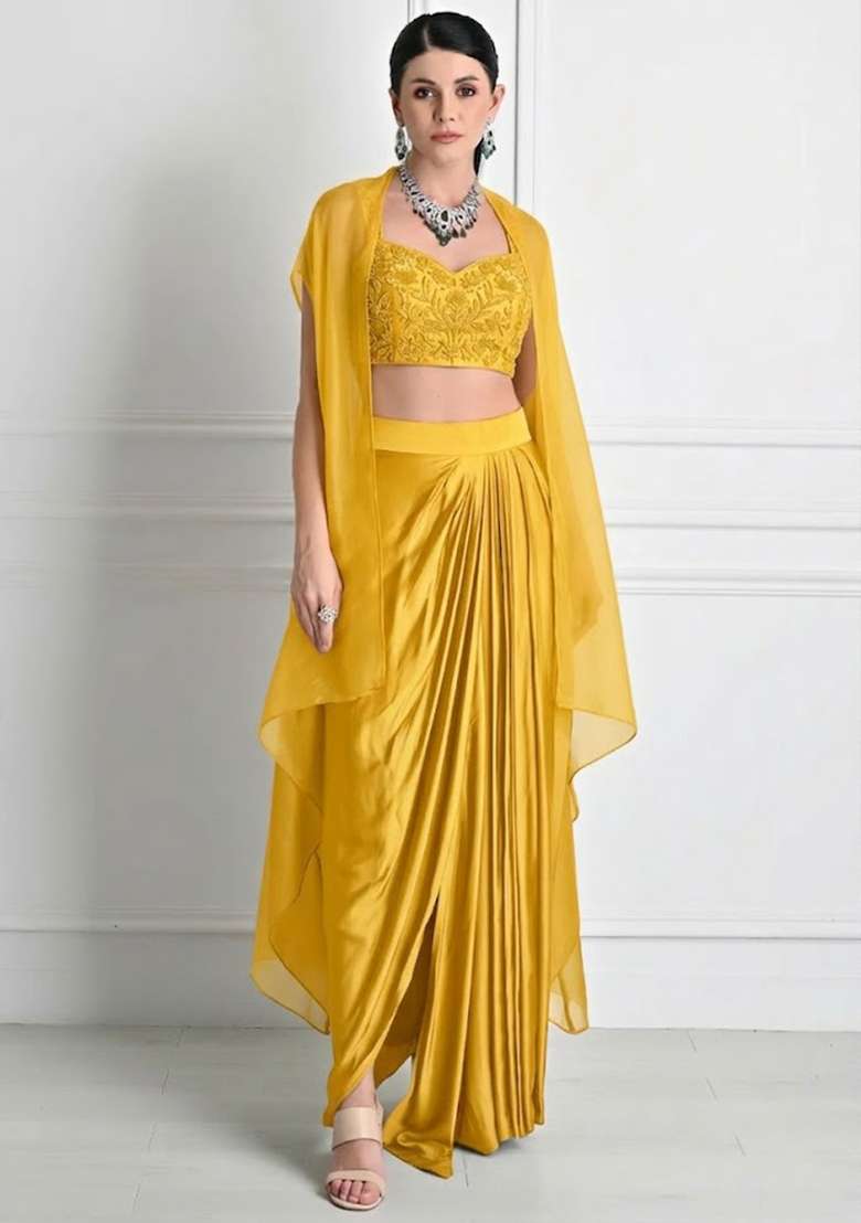 Yellow Satin Embroidered Handwork Fusion Set - Indya