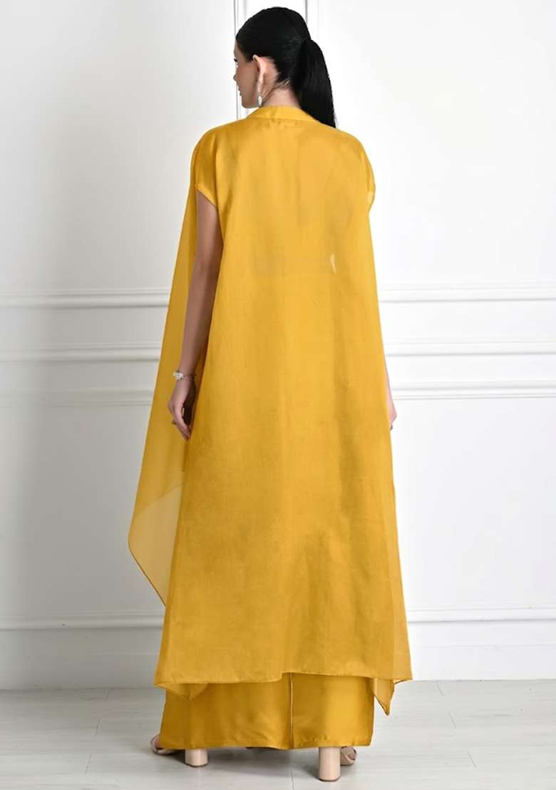 Yellow Satin Embroidered Handwork Fusion Set - Indya