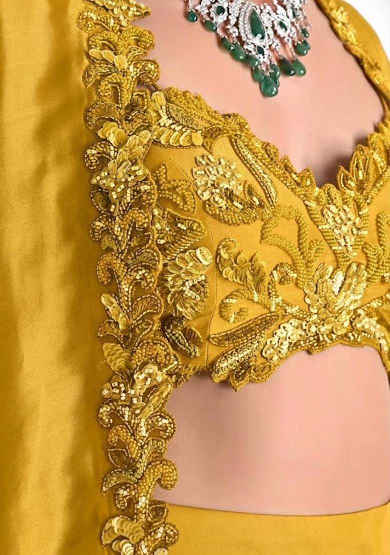 Yellow Satin Embroidered Handwork Fusion Set - Indya