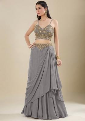 Grey Chinon Embroidered Handwork Lehenga Set