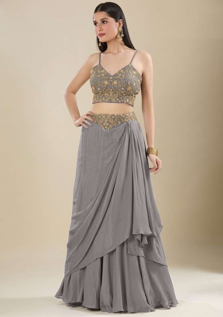 Grey Chinon Embroidered Handwork Lehenga Set - Indya