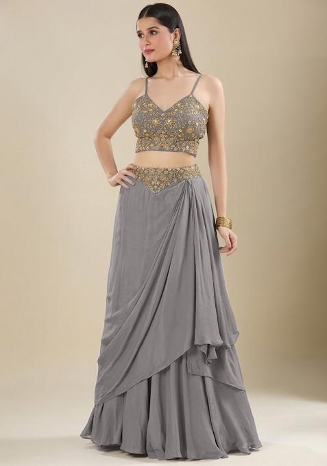 Grey Chinon Embroidered Handwork Lehenga Set