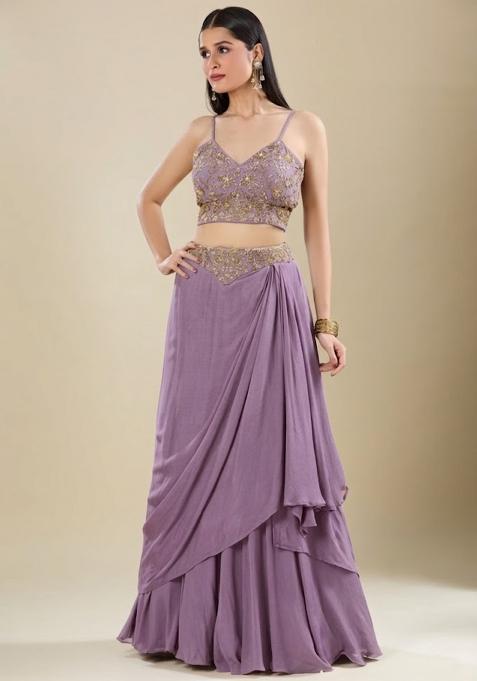 Lavender Chinon Embroidered Handwork Lehenga Set