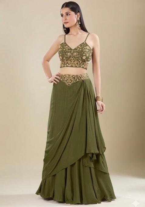 Olive Green Chinon Embroidered Handwork Lehenga Set