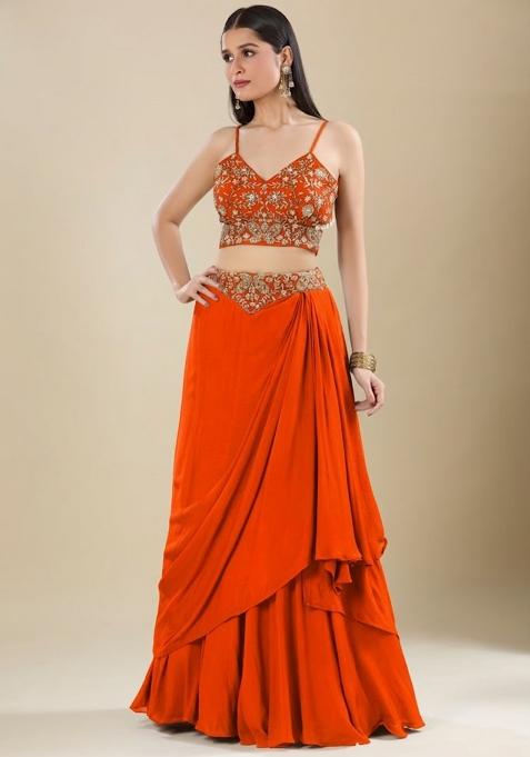 Orange Chinon Embroidered Handwork Lehenga Set