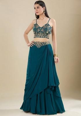 Teal Chinon Embroidered Handwork Lehenga Set