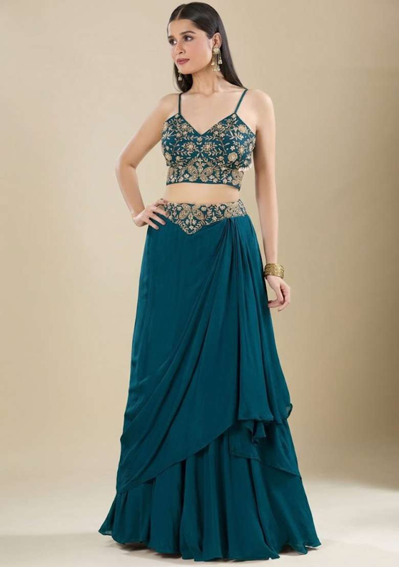 Teal Chinon Embroidered Handwork Lehenga Set - Indya
