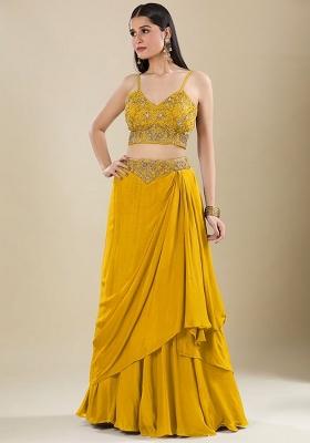 Yellow Chinon Embroidered Handwork Lehenga Set
