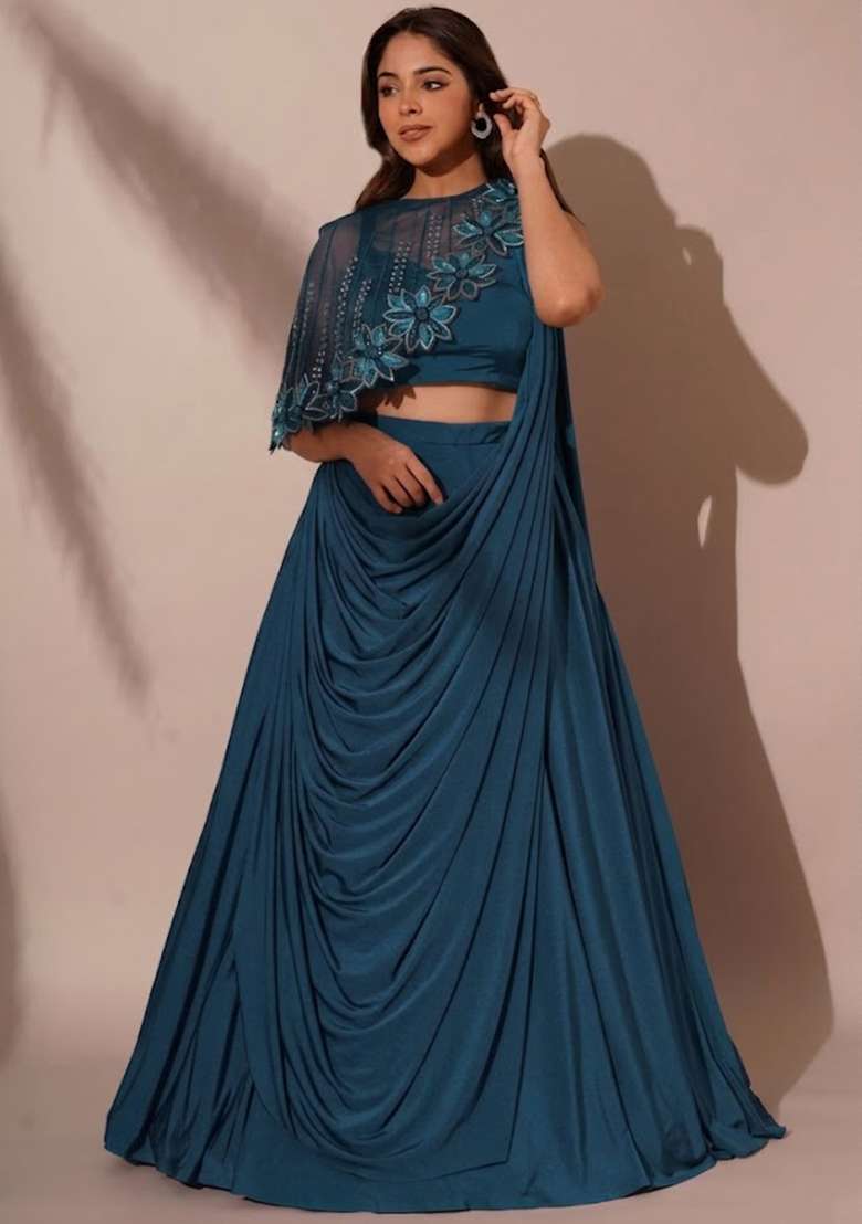 Blue Crepe Embroidered Handwork Lehenga Set - Indya