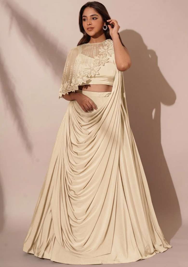 Buttercream Crepe Embroidered Handwork Lehenga Set - Indya