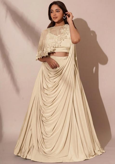 Buttercream Crepe Embroidered Handwork Lehenga Set