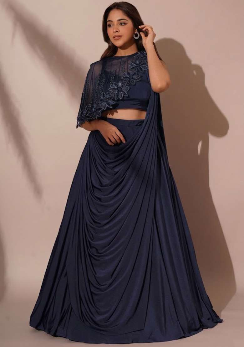 Dark Navy Crepe Embroidered Handwork Lehenga Set - Indya