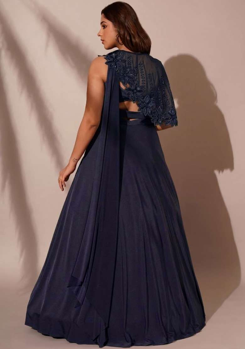 Dark Navy Crepe Embroidered Handwork Lehenga Set - Indya