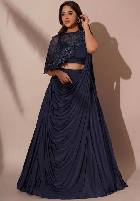 Dark Navy Crepe Embroidered Handwork Lehenga Set