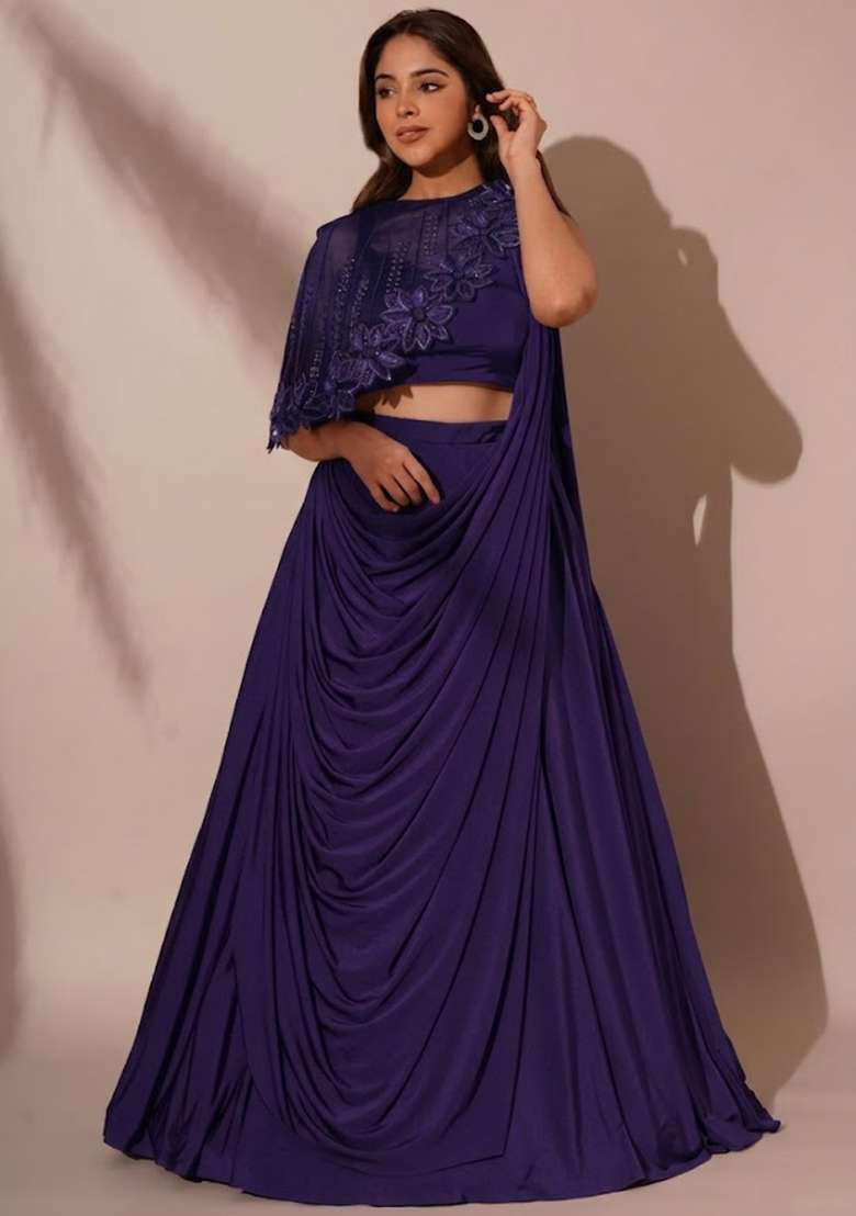 Baby Blue Crepe Embroidered Handwork Lehenga Set - Indya