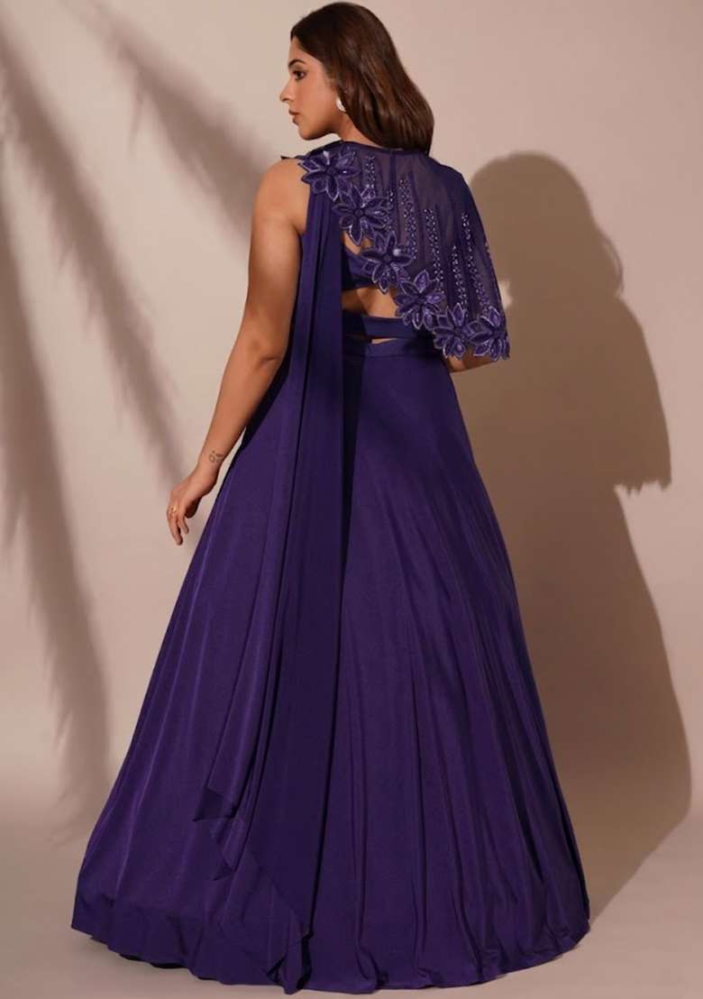 Baby Blue Crepe Embroidered Handwork Lehenga Set - Indya