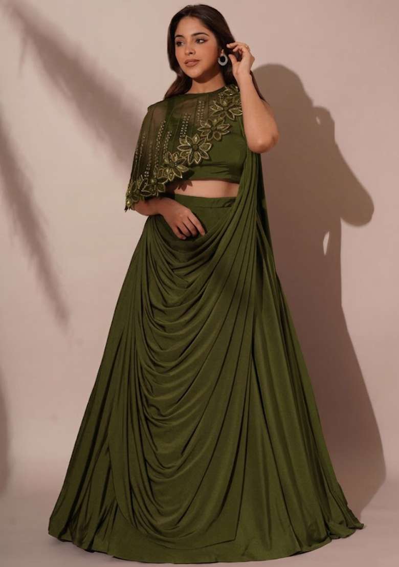 Olive Crepe Embroidered Handwork Lehenga Set - Indya