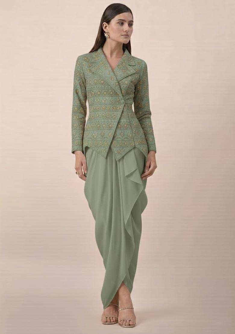 Sage Green Sequin Net Fusion Set - Indya
