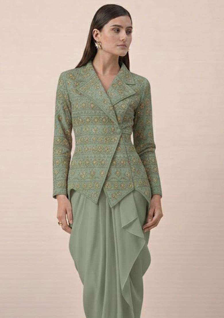 Sage Green Sequin Net Fusion Set - Indya