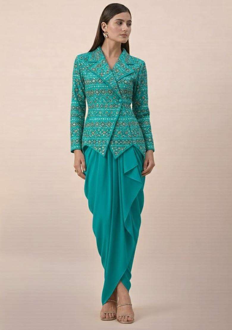 Turquoise Sequin Net Fusion Set - Indya