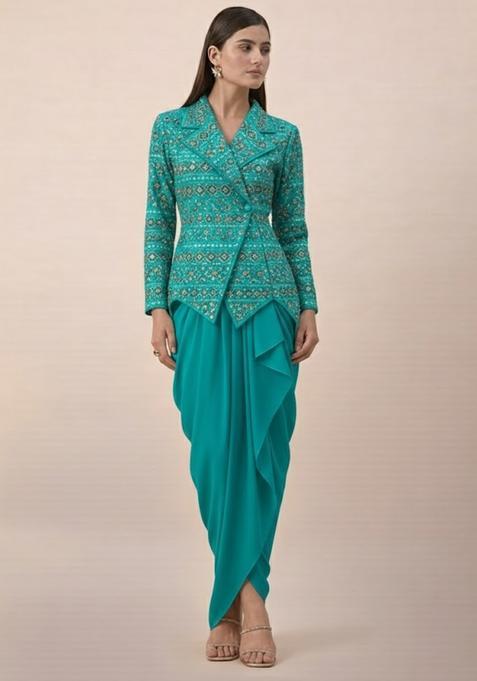 Turquoise Sequin Net Fusion Set