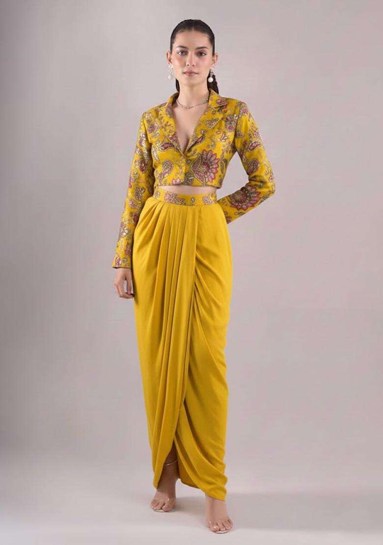 Mustard Embroidered Crepe Fusion Set - Indya