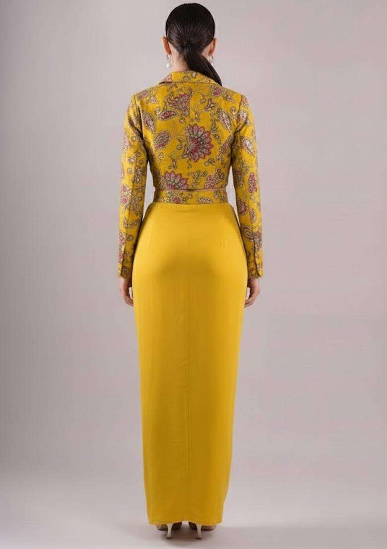 Mustard Embroidered Crepe Fusion Set - Indya