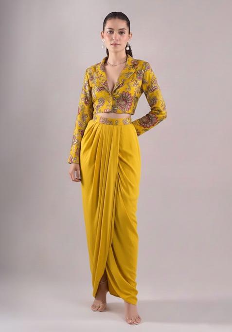 Mustard Embroidered Crepe Fusion Set