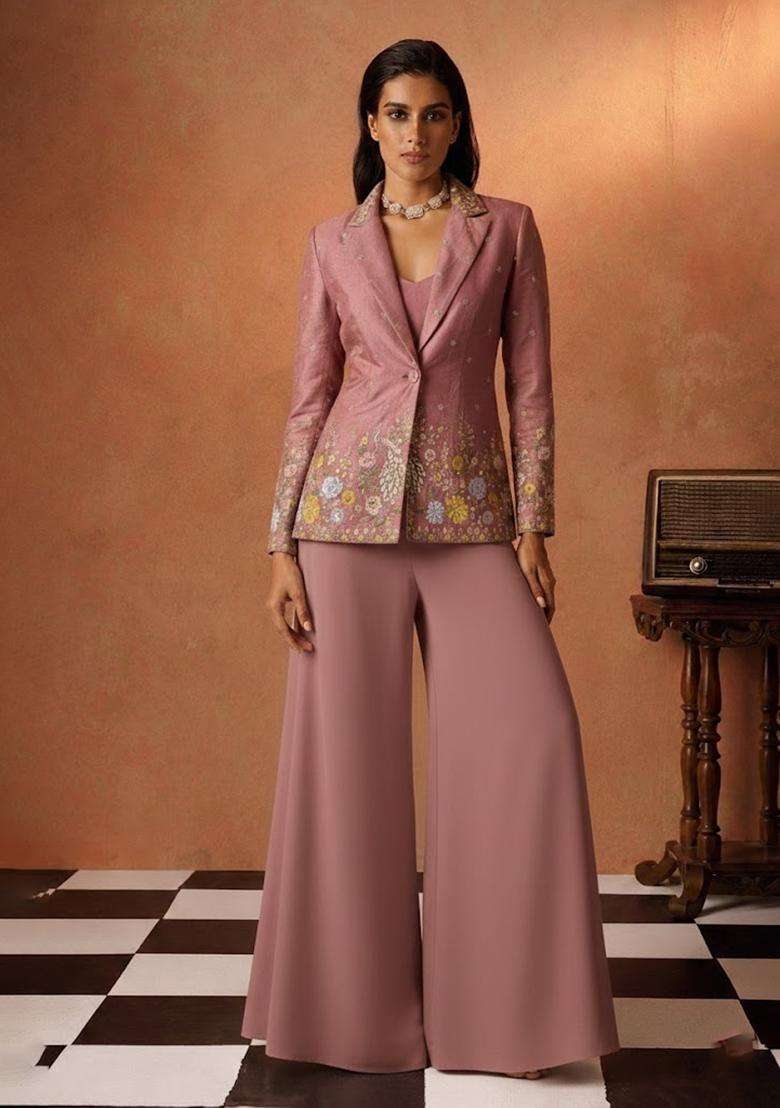 Pink Embroidered Shimmer Fusion Set - Indya