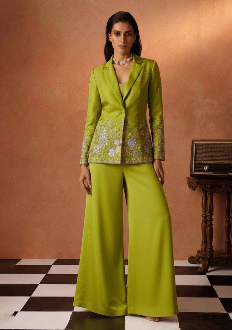 Lime Green Embroidered Shimmer Fusion Set - Indya