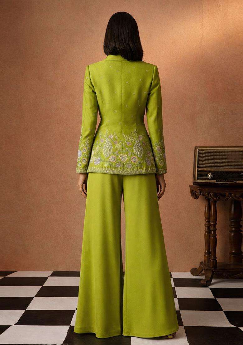 Lime Green Embroidered Shimmer Fusion Set - Indya
