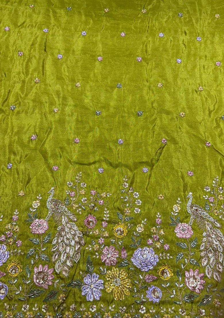 Lime Green Embroidered Shimmer Fusion Set - Indya