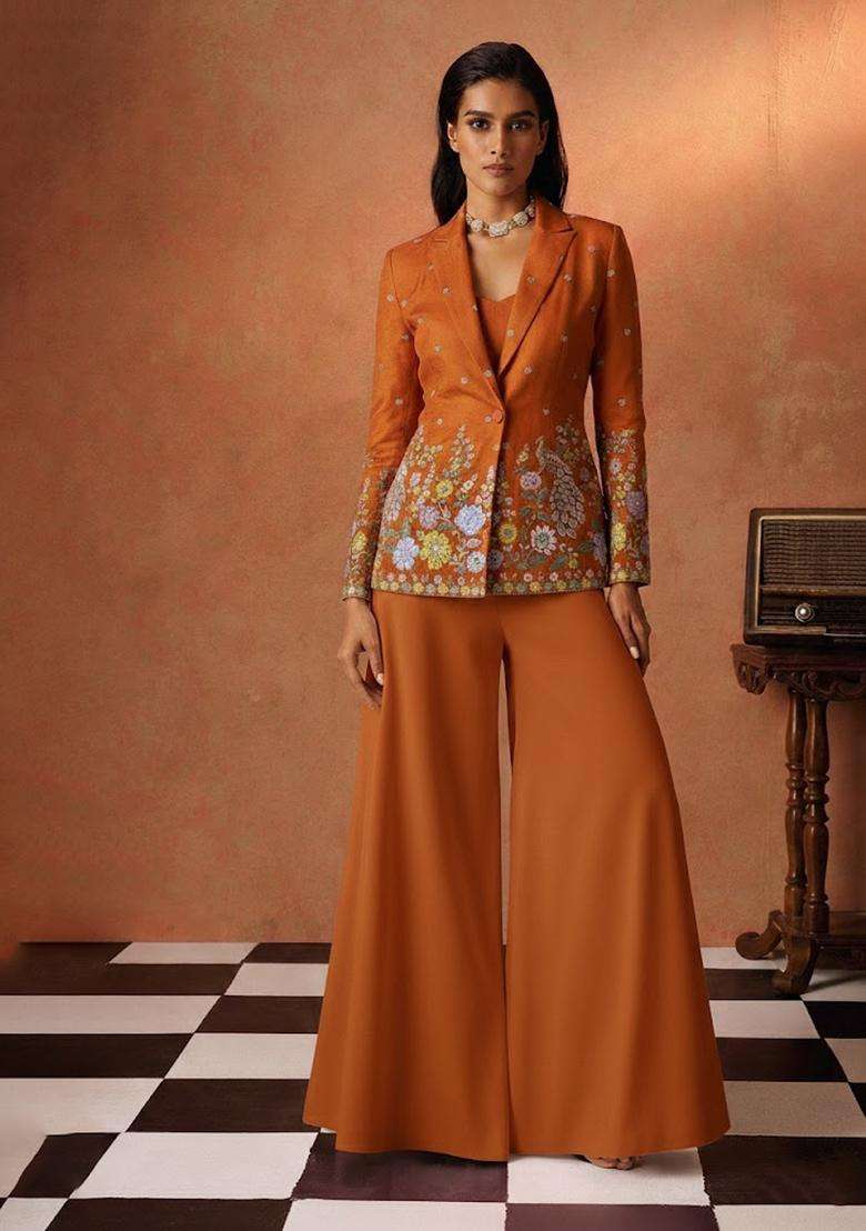 Orange Embroidered Shimmer Fusion Set - Indya